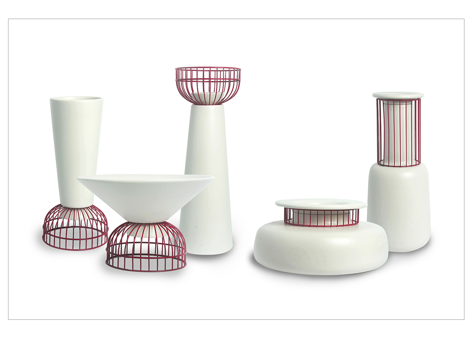 Rod Vase Md, Matt White w. Red Iron, 26 x 12cm, 2511