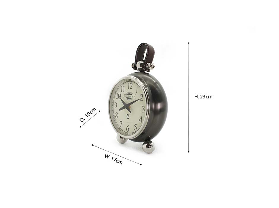 STEEL/ALUM TABLE CLOCK, Steel/Aluminium
/Leather, 17x10x23cm, 49573