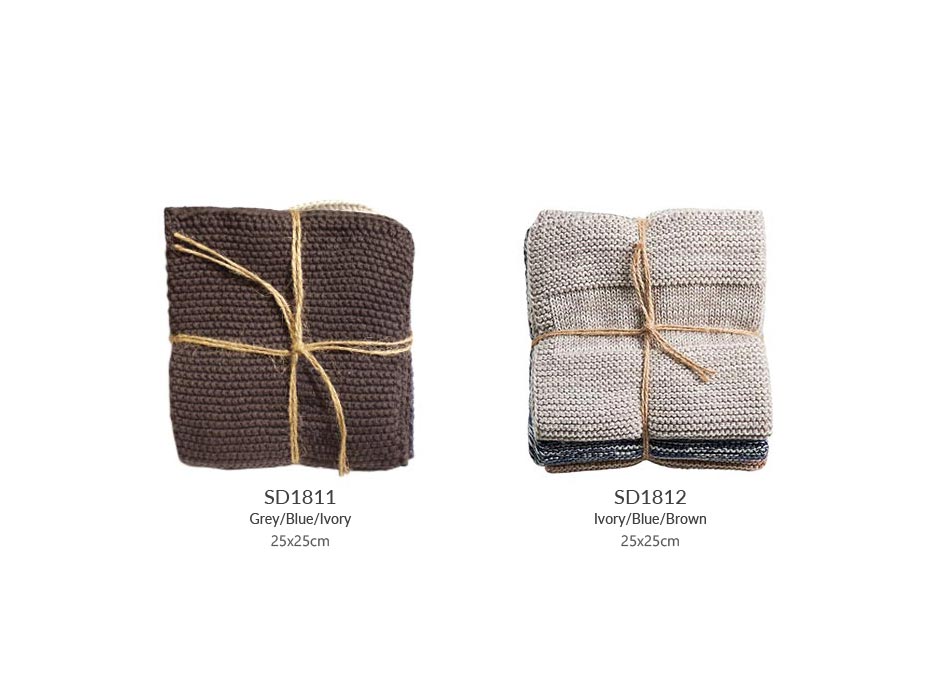 Dish cloth 3pcs Knt, 25x25cm, Grey/Blue/Ivory, 726489